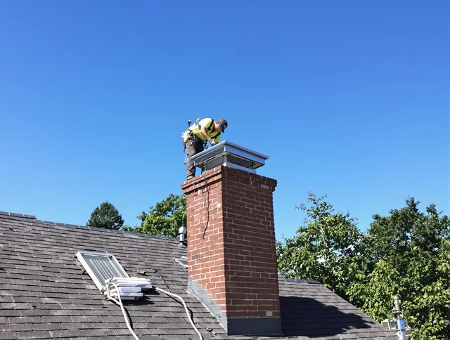 Stoneham Chimney Sweep technician measuring a chimney cap in Stoneham, MA