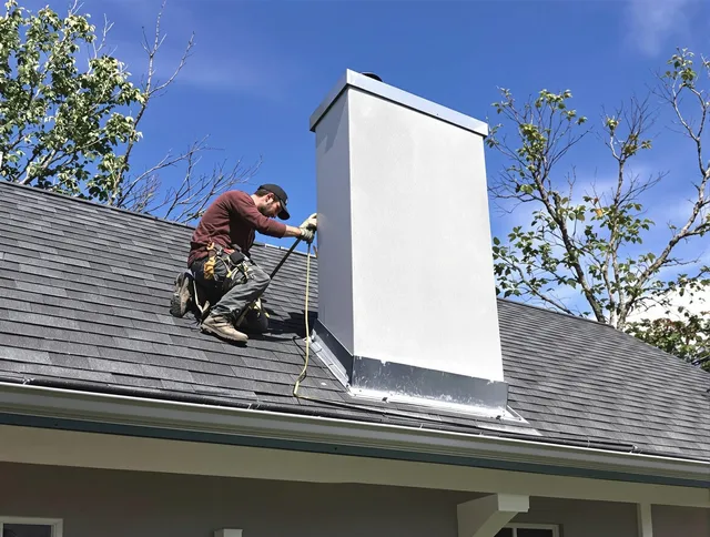 Stoneham Chimney Sweep team member finishing chimney construction in Stoneham, MA