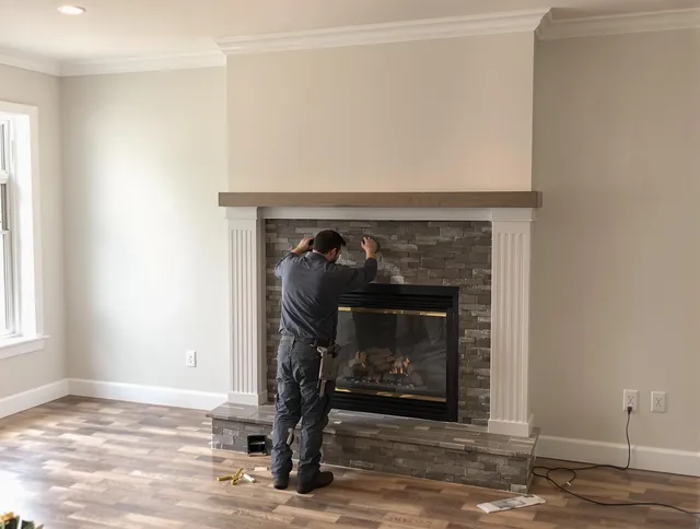 Stoneham Chimney Sweep finishing a custom fireplace install in Stoneham, MA